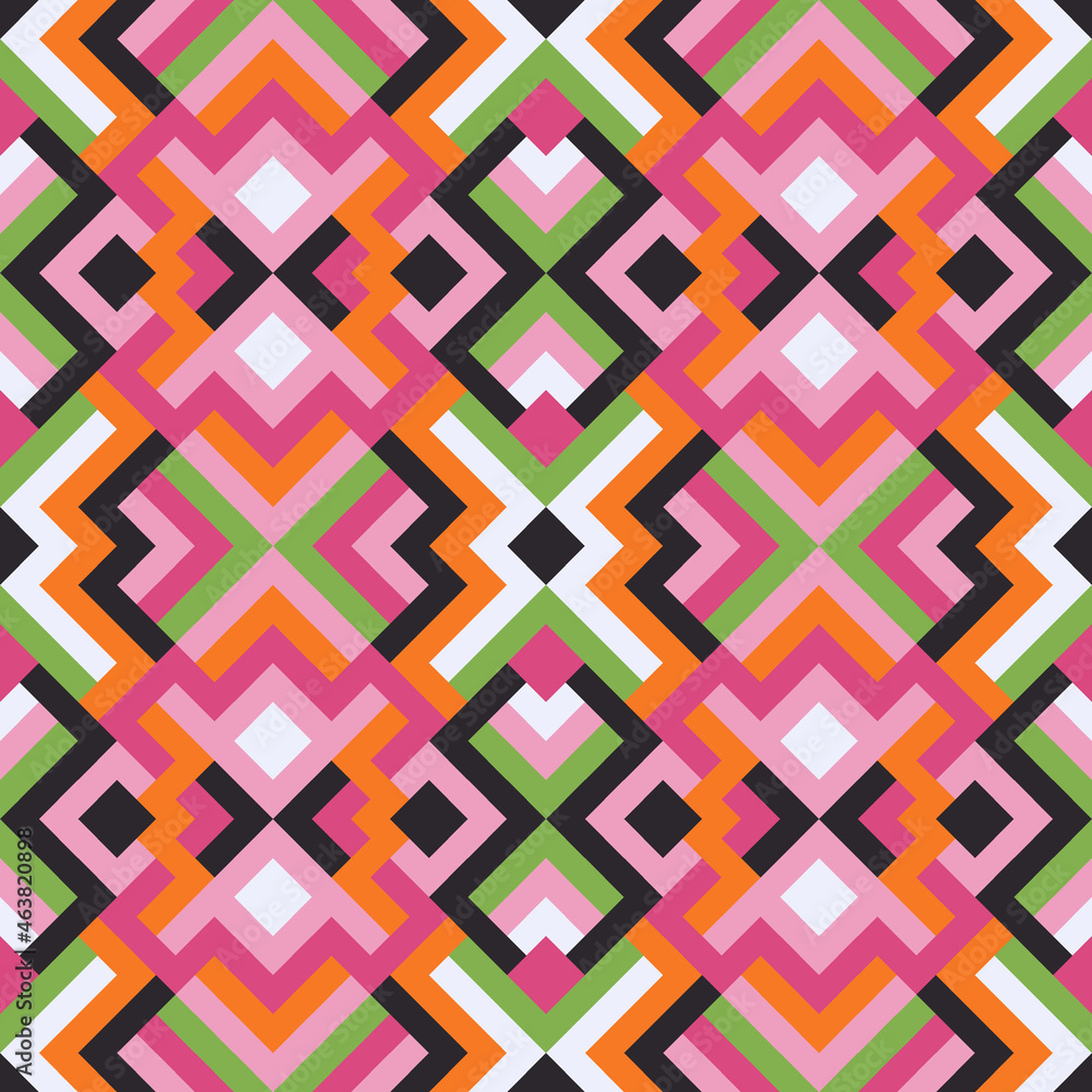 Abstract seamless pattern. Vector geometric background of triangles in green, pink and black colors. Mosaic texture for textile, clown, carpeting, warp, book cover, clothes