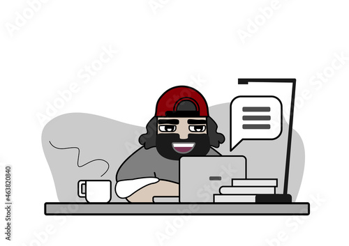 Happy smiling man working on laptop computer. With relaxed and friendly character. Online studying, remote job, work from home or anywhere and freelance concept. Vector illustration in flat style.