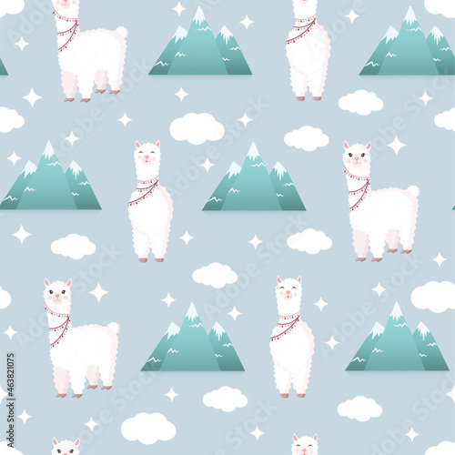 Seamless pattern with llamas and mountains on a blue background. Vector illustration for baby texture, textile, fabric, poster, greeting card, decor. Cute alpaca from Peru. Textures with animals.