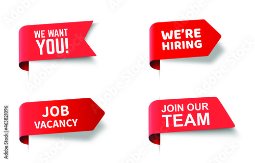Vector banner set with text we want you, we are hiring, job vacancy and join our team for web