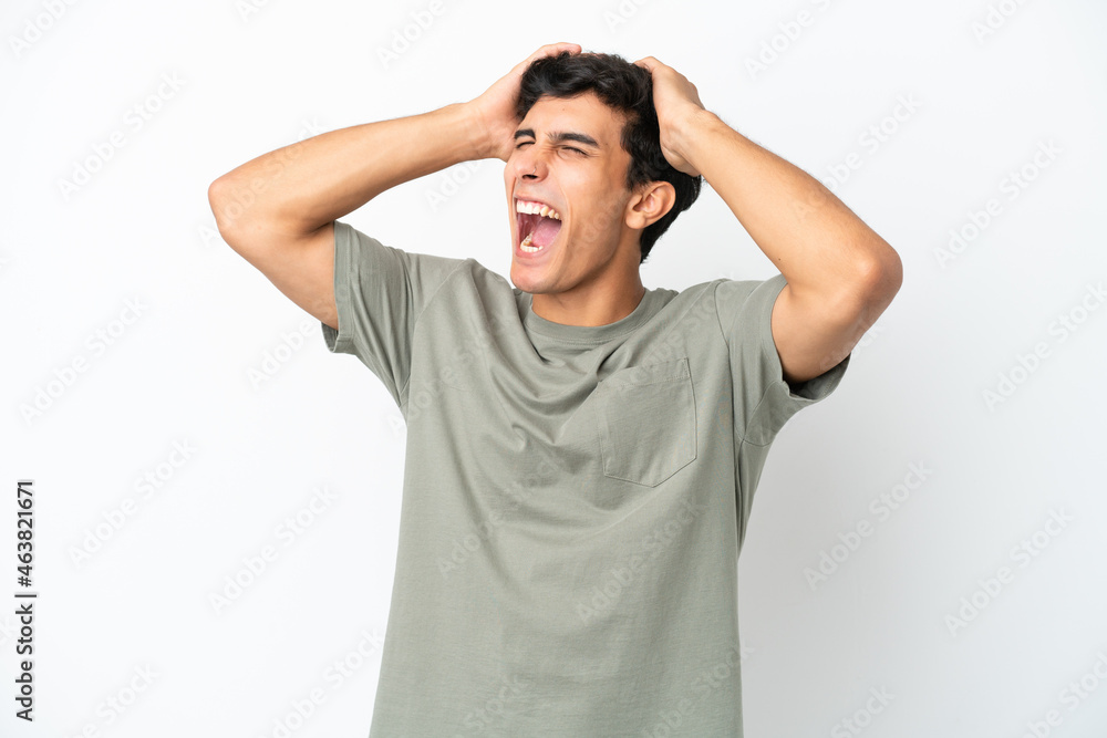 Young Argentinian man isolated on white background stressed overwhelmed Young Argentinian man isolated on white background stressed overwhelmed