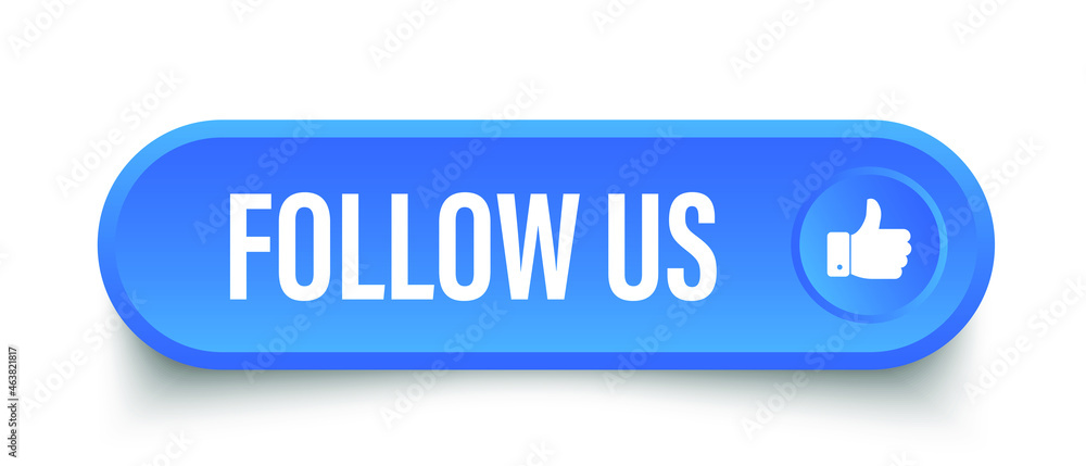 Vector illustration follow us button. Modern round label with thumbs up icon. Vector illustration follow us button. Modern round label with thumbs up icon.