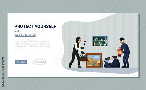 Protecting your property from criminals landing page. Security from burglary and penetration into house of burglars technology for protect bank safes and personal savings. Vector flat guard.