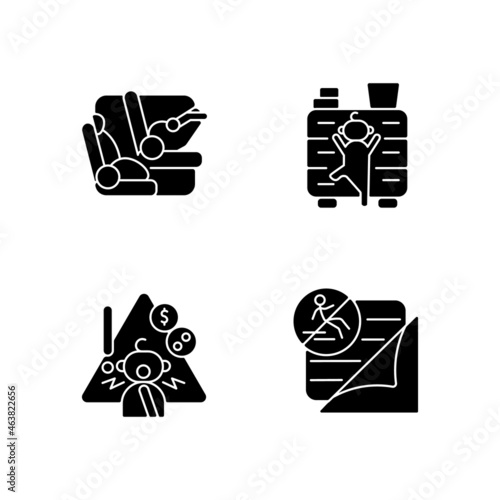 Accidents prevention black glyph icons set on white space. Falling and choking precaution. Child safety. Car seat and belt to protect kid in car. Silhouette symbols. Vector isolated illustration