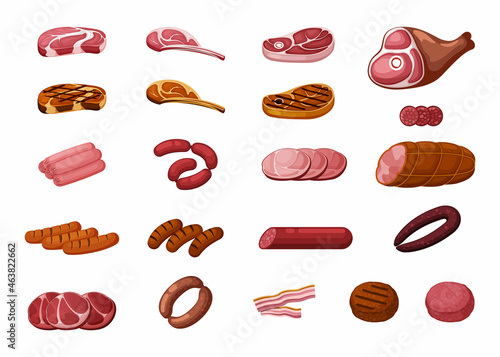 Meat products set. Grilled pork and beef tenderloins with appetizing crust fresh red steaks and roasted chops mouth watering organic sausages party cuts and snacks. Cartoon vector barbecue.