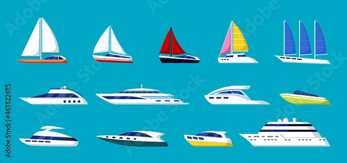Speed yachts and sailboats set. Modern ships with luxurious bright design for world regatta and elite sailing of wealthy sea going fast frigates and schooners. Vector ocean travel.