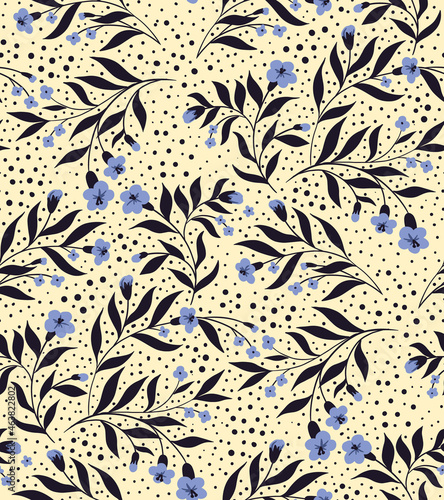 Seamless pattern with small flowers in traditional classic style. Blue flowers on a twig, dark leaves, polka dots are freely arranged on a light background. Vector floral print.