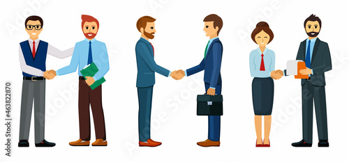 Business people greet set. Joyful businessmen conclude with handshake successful professional partnership and lucrative teamwork contract for confident cooperation. Corporate cartoon vector.