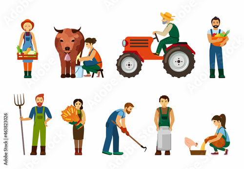 Farmers at work set. Elderly man rides tractor male and female character with boxes of fresh vegetables woman milks cow peasant drags can of milk into barn farmers with wheat. Cartoon eco vector.