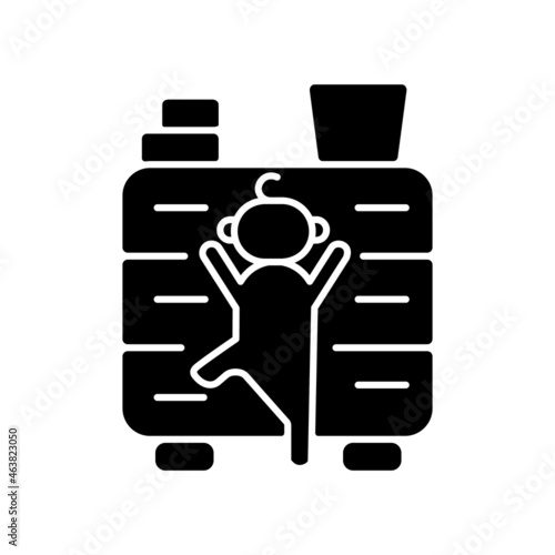 Child climbing on furniture black glyph icon. Child safety at home. Risk of concussion and broken limb. Accident precaution. Silhouette symbol on white space. Vector isolated illustration