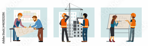 Design and construction of buildings set. Engineers and designers develop new architectural projects industrial construction of skyscrapers and residential building. Vector cartoon.