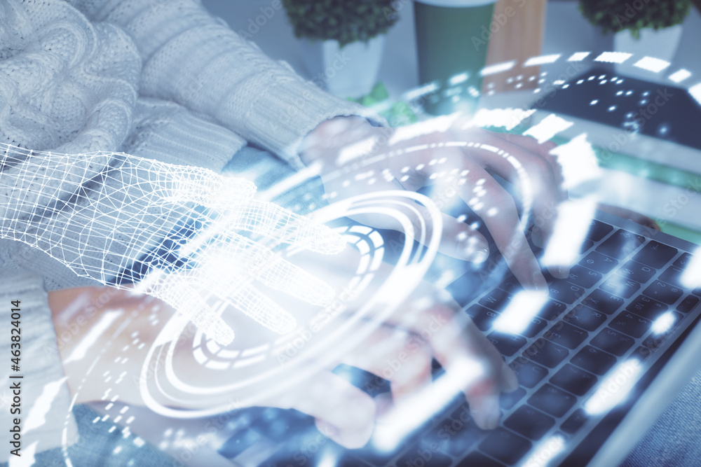 Double exposure of woman hands working on computer and data theme hologram drawing. Tech concept. Double exposure of woman hands working on computer and data theme hologram drawing. Tech concept.