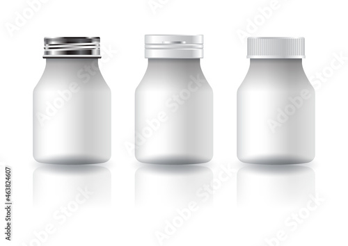 White round supplements, medicine bottle (3 styles white-silver lid) for beauty or healthy product.
