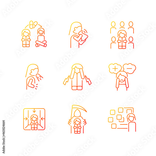 Phobias and its symptoms gradient linear vector icons set. Hyperventilation and consternation. Signs and treatment. Thin line contour symbols bundle. Isolated outline illustrations collection