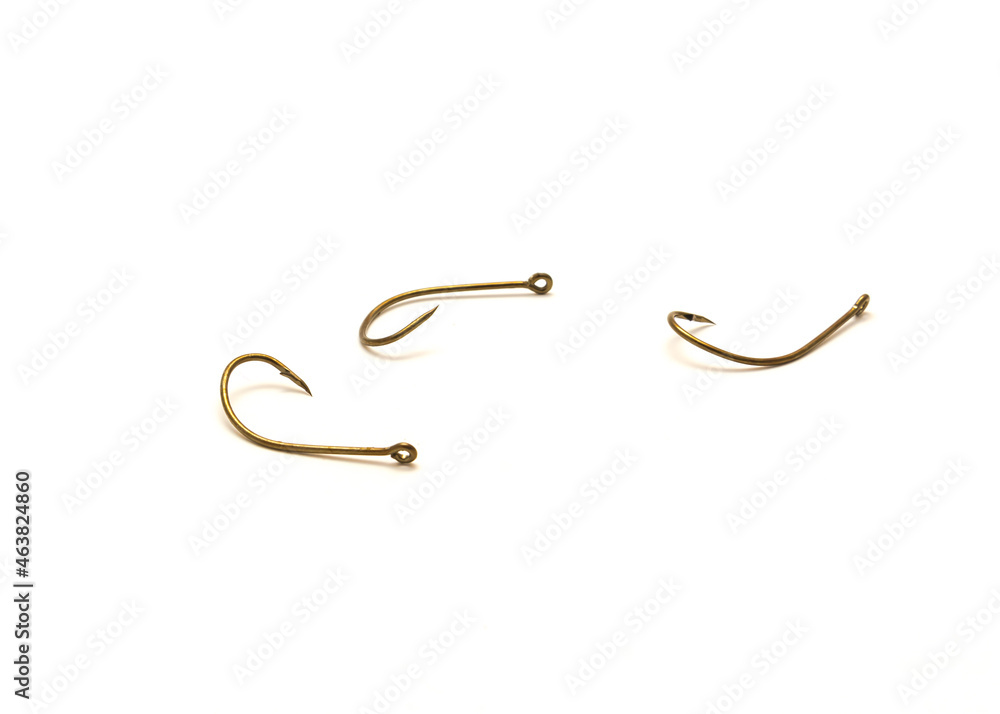 Variety of traditional j hooks fishing with offset for for catfish fishing isolated on white
