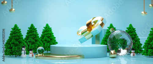3d render, mint blue background with Christmas ornaments and gifts. Abstract winter holiday horizontal banner