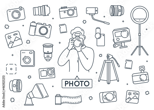 Photographer doodle elements set.