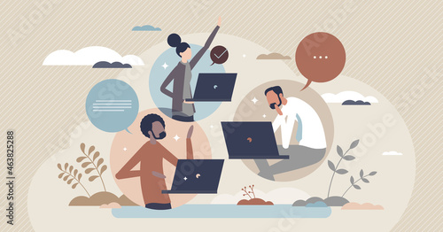 Hybrid team colleagues with distant online video call tiny person concept. Business project meeting using online messaging for distant work vector illustration. Flexible job workspace location choice.