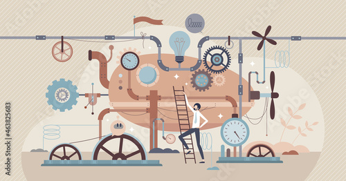 Industrial revolution with machines and steampunk gears tiny person concept. Factory and manufacturing development with retro style heavy machinery and complex innovative devices vector illustration.