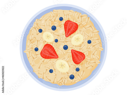 Oatmeal breakfast cup top view. Oat grain porridge. Cartoon style muesli. Vector illustration isolated on white background.