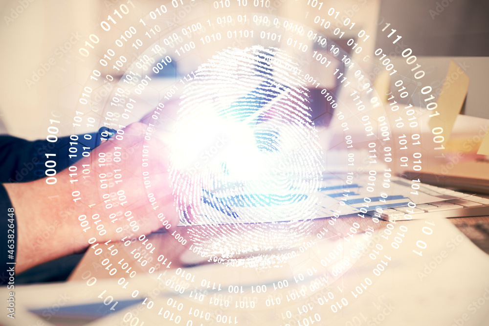 Double exposure of man's hands holding and using a digital device and fingerprint hologram drawing. Security concept. Double exposure of man's hands holding and using a digital device and fingerprint hologram drawing. Security concept.
