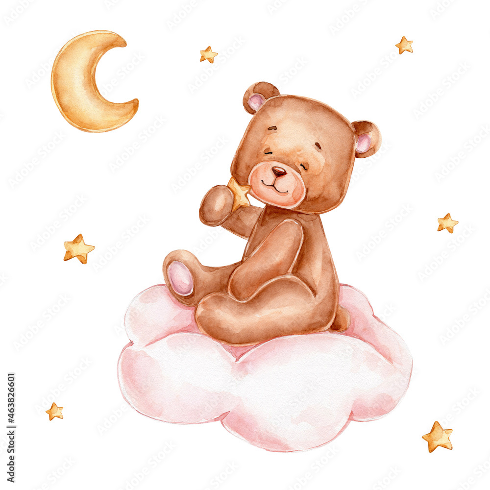 Little teddy bear sits on cloud and stars; watercolor hand drawn ...