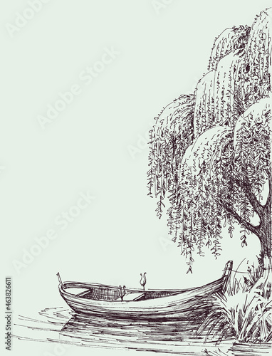Boat on lake anchored near a willow tree