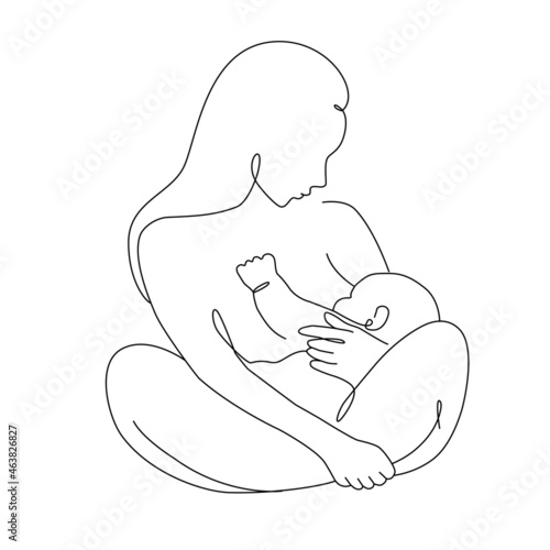 Vector illustration of woman breastfeeding her newborn baby holding in hands in one line art. Mother and baby together in lineart style