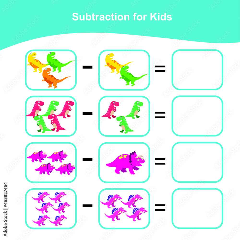 Counting math game for preschool children. Subtraction math games with Dino theme. Educational printable math worksheet. Vector illustration.