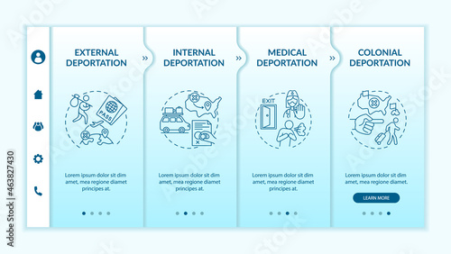 Deportation types onboarding vector template. Responsive mobile website with icons. Web page walkthrough 4 step screens. Official removal causes color concept with linear illustrations