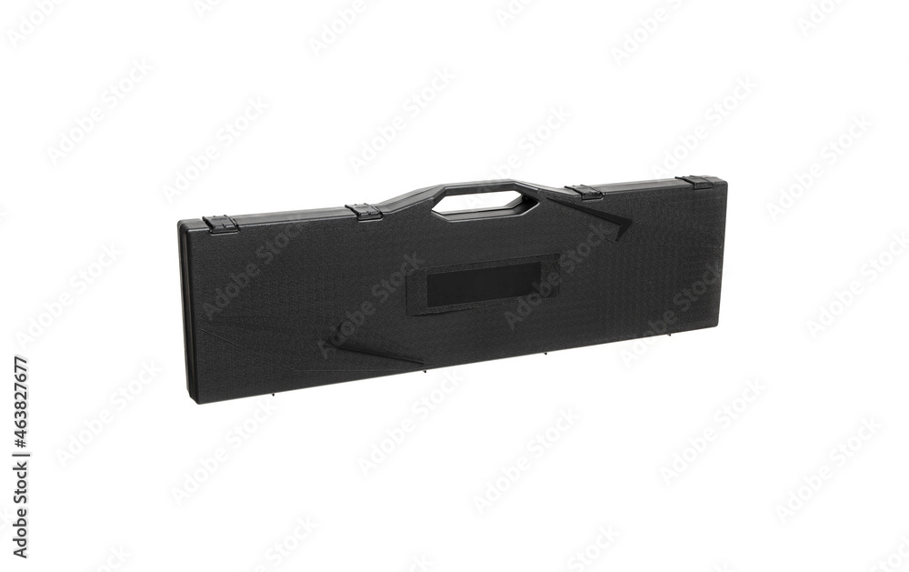 Black plastic hard case for transporting and storing weapons. Gun container isolate on a white background. Black plastic hard case for transporting and storing weapons. Gun container isolate on a white background.