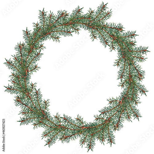 Christmas decorative wreath of realistic green fir tree branches. Round frame. Watercolor hand painted isolated element on white background.