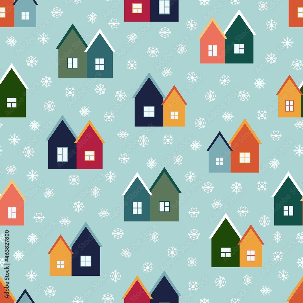 Colorful houses and snowflakes. New Years design of fabric, packaging, gift paper. Seamless pattern.
