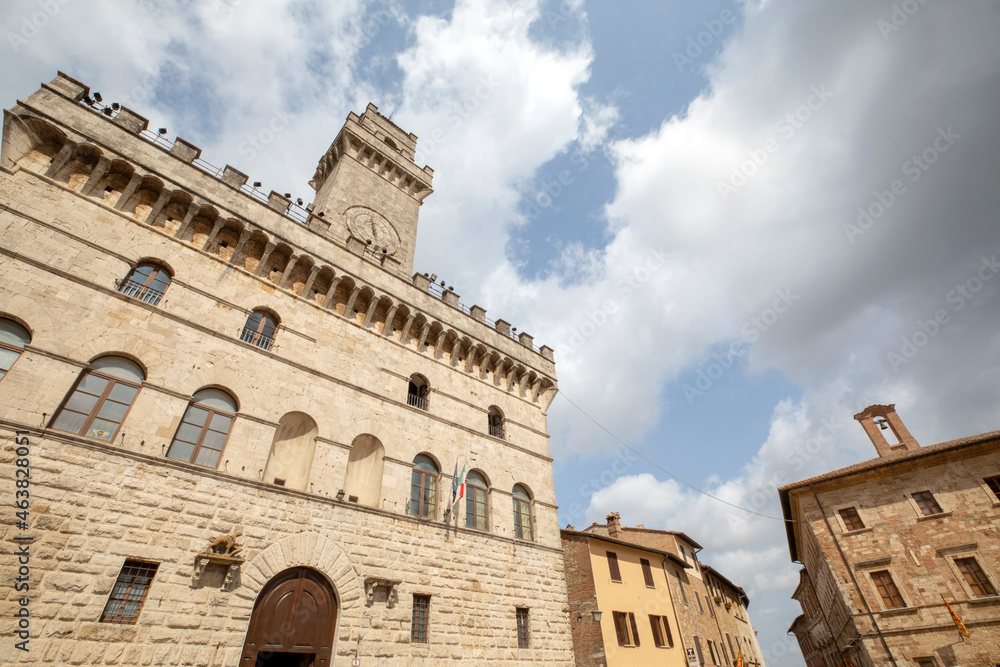 Montepulciano (SI), Italy - August 02, 2021: View of Town Hall in Montepulciano town, Tuscany, Italy