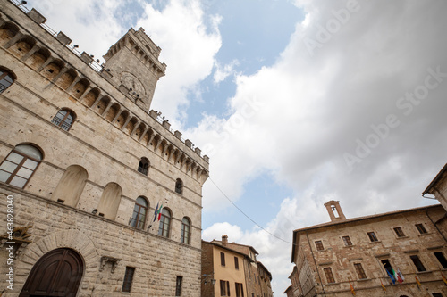 Montepulciano (SI), Italy - August 02, 2021: View of Town Hall in Montepulciano town, Tuscany, Italy
