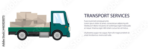 Green small cargo truck with boxes , delivery services and logistics banner, shipping and freight of goods, vector illustration