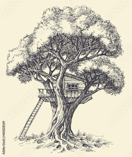 Tree house vector hand drawing. A playhouse built in an oak tree © Danussa
