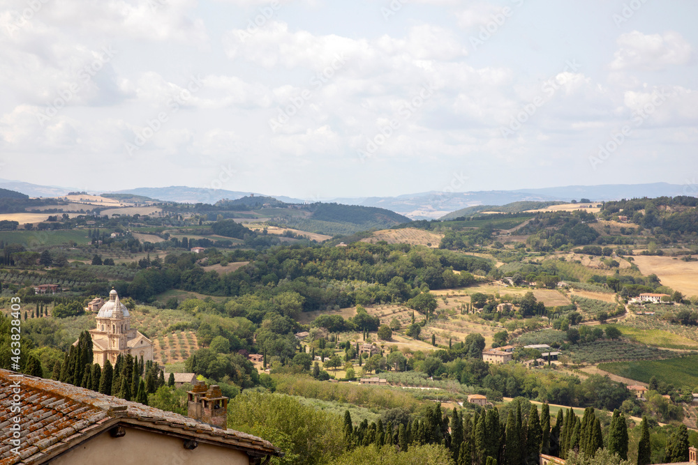 Montepulciano (SI), Italy - August 02, 2021: View of the hills from Montepulciano town, Tuscany, Italy