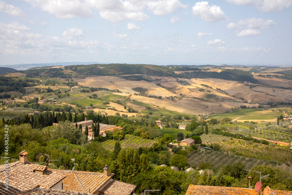 Montepulciano (SI), Italy - August 02, 2021: View of the hills from Montepulciano town, Tuscany, Italy