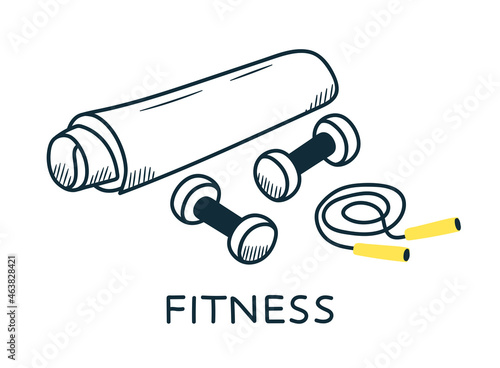 concept of sports. mat for fitness, dumbbells, rope. doodle style.