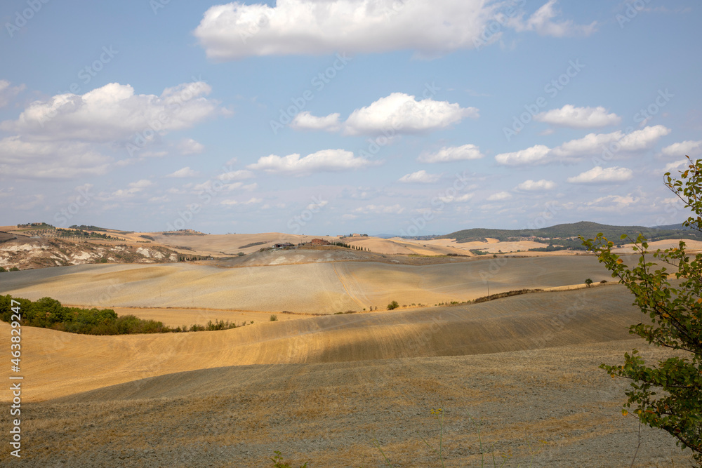 Montepulciano (SI), Italy - August 02, 2021: View of the hills from Montepulciano town, Tuscany, Italy