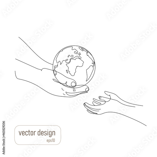 Planet Earth saving concept.Adult hands give away small planet Earth in childrens hands, in out line style.Vector illustration isolated on white background.Earth day