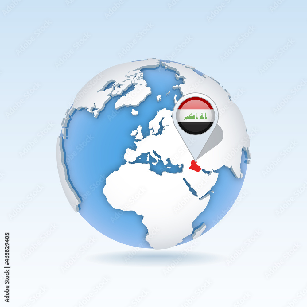 Iraq - country map and flag located on globe, world map. Iraq - country map and flag located on globe, world map.