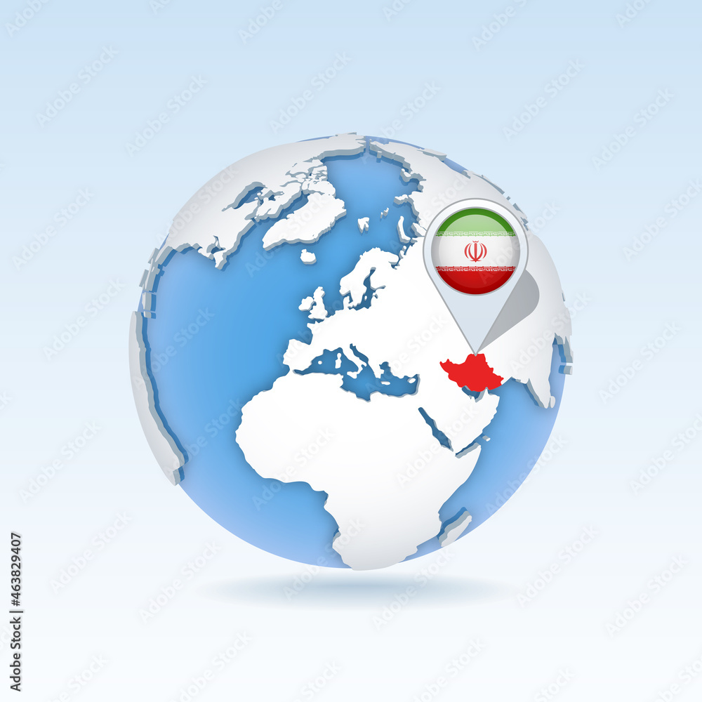 Iran - country map and flag located on globe, world map. Iran - country map and flag located on globe, world map.