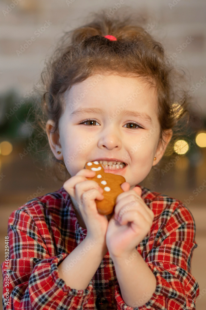 funny little girl eating gingerbread man cookie for new year. happy cute girl with traditional homemade Christmas baked goods in kitchen. child eating christmas cookies. vertical funny little girl eating gingerbread man cookie for new year. happy cute girl with traditional homemade Christmas baked goods in kitchen. child eating christmas cookies. vertical