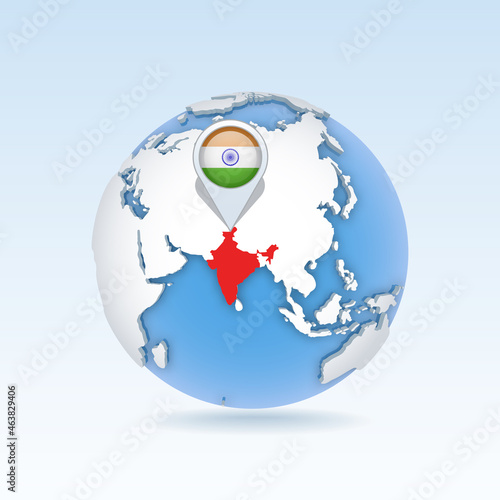 Fototapeta Naklejka Na Ścianę i Meble -  India - country map and flag located on globe, world map.