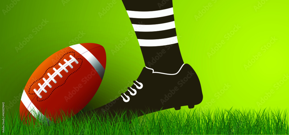 Obraz premium American football white shoe on green grass field. Sport team game cup. Rugby ball day. Super bowl weekend party. USA, sport finale, school games or on street. Vector template background sign. Shoes