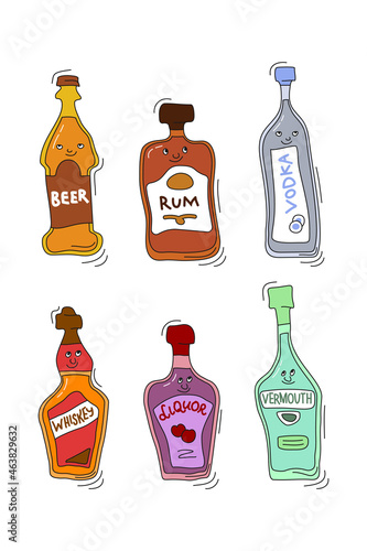Beer rum vodka whiskey liquor vermouth with smile on white background. Cartoon sketch graphic design. Doodle style with black contour line. Cute hand drawn bottle. Party drinks concept. Freehand