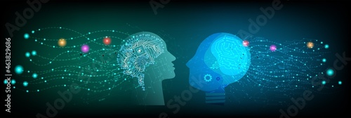 Abstract human head with a line brain network.circle and electricity with blue electronic cycle.Digital data,ai,science.Vector Technology background and Artificial intelligence concept.