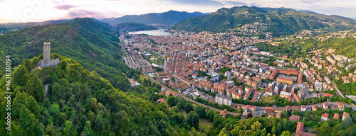 Town of Como and Baradello tower aerial panoramic view